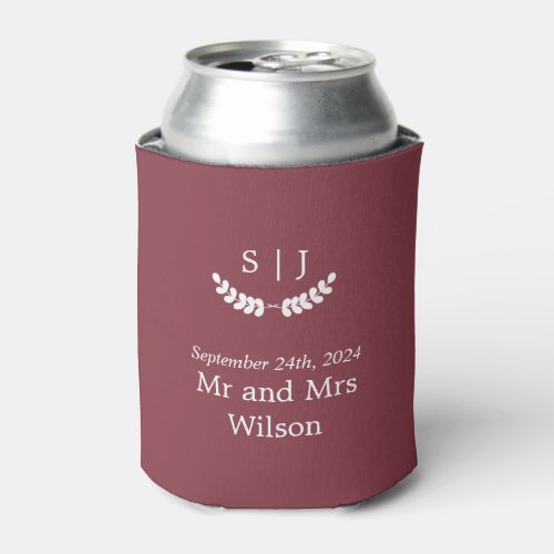 Elegant Monogram Dark Red Jewel Tone Wedding  Can Cooler