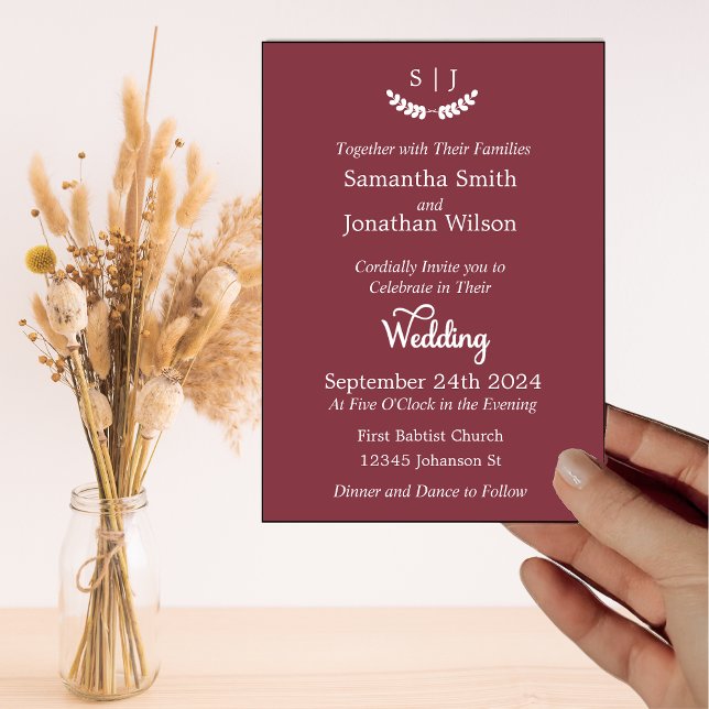 Elegant Monogram Dark Red Jewel Tone Wedding Invitation (Creator Uploaded)