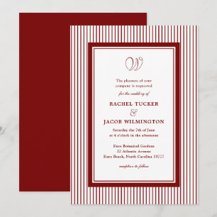 Elegant Monogram Dark Red Striped Wedding Invitation