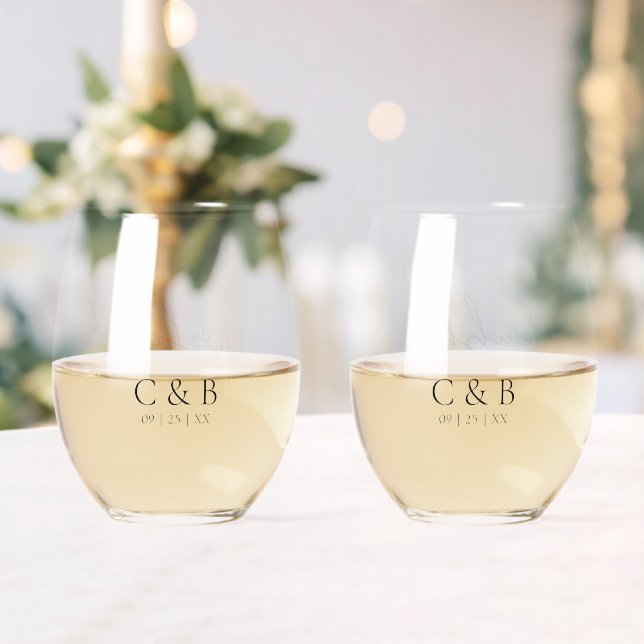 Elegant Monogram Date Wifey Hubby Stemless Wine Glass (Insitu (Wedding))