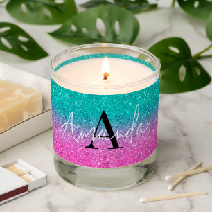 Elegant Monogram, deep pink and turquoise glitter Scented Candle