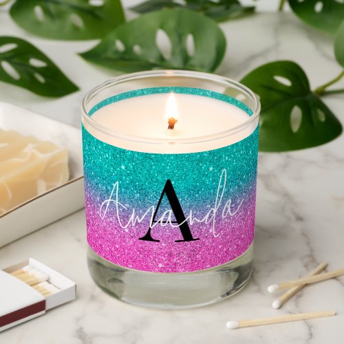Elegant Monogram deep pink and turquoise glitter Scented Candle