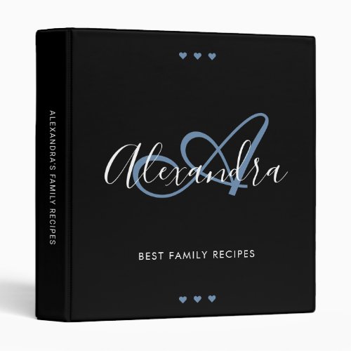 Elegant Monogram Denim Blue Script Black Recipe  3 Ring Binder