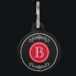 Elegant monogram design pet tag<br><div class="desc">Elegant monogram design in black and red circles with floral decoration</div>