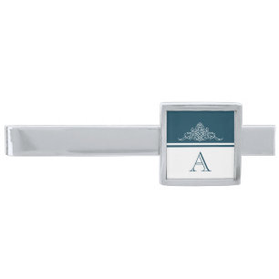 Elegant monogram design silver finish tie bar