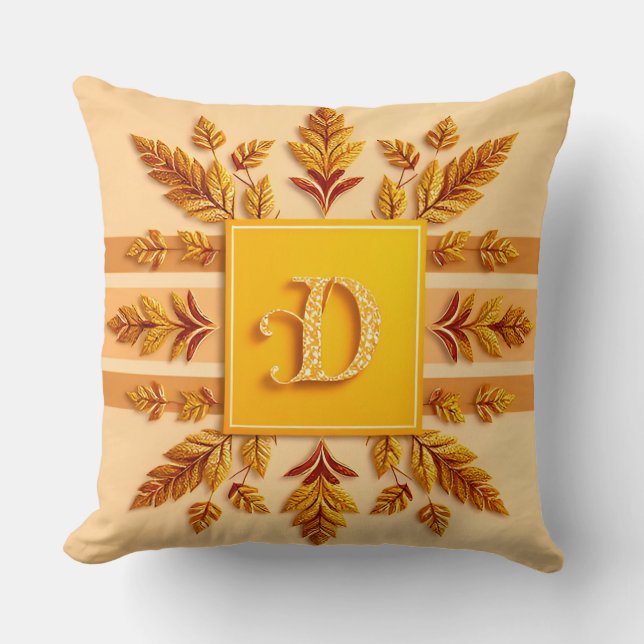 Elegant Monogram Designs with Gold Leaves Throw Pillow (Front)