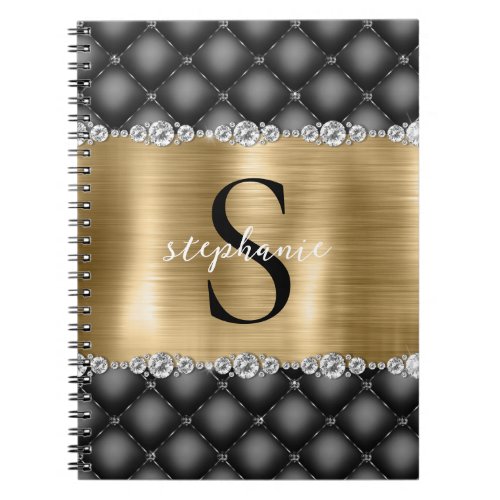 Elegant Monogram Diamonds Gold Metal Black Tufted  Notebook