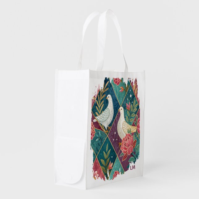 Elegant Monogram Doves Pink Floral Gold Geometric Grocery Bag (Front Side)