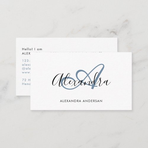Elegant Monogram Dusty Blue Black Script Name Business Card