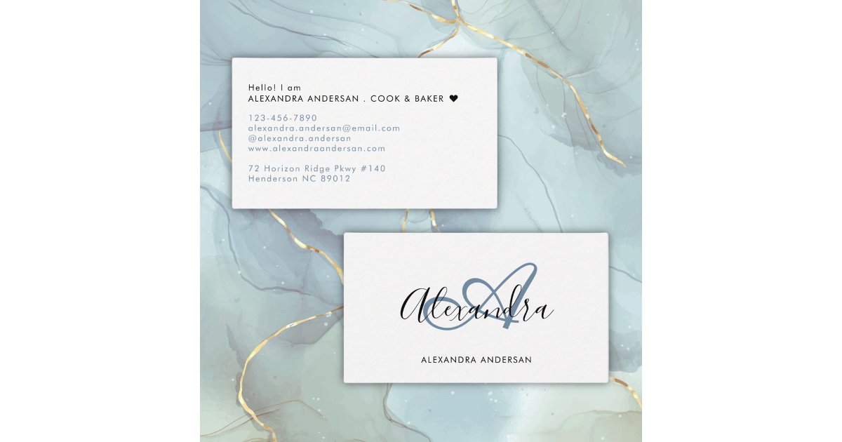 Elegant Monogram Dusty Blue Black Script Name Business Card | Zazzle