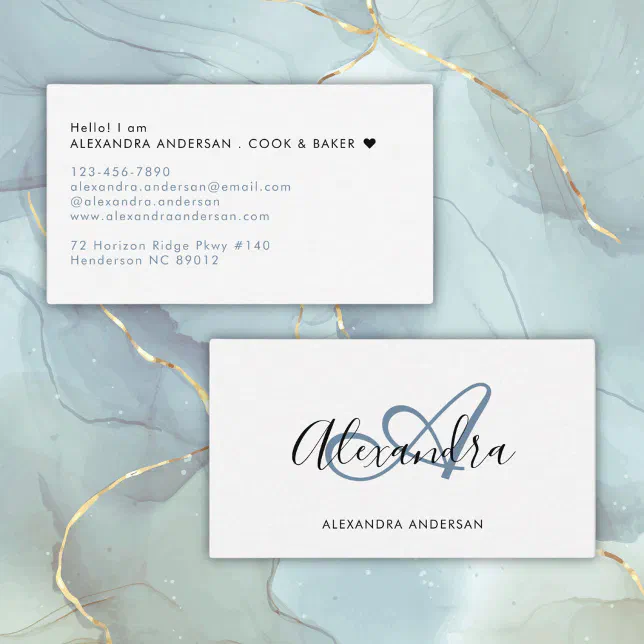 Elegant Monogram Dusty Blue Black Script Name Business Card | Zazzle