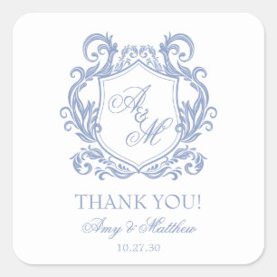 Elegant Monogram Dusty Blue Crest Wedding Square Sticker