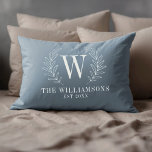 Elegant Monogram Dusty Blue Family Name Accent Pillow<br><div class="desc">This blue and white throw pillow is decorated with a laurel leaf monogram and your name and wedding date. A cozy addition to your home decor. Makes a great for weddings and anniversaries. Personalize it with your Initial, name and wedding date. Comes in a variety of colors. Designed for you...</div>
