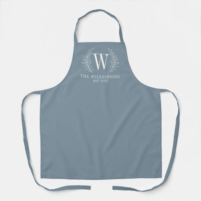 Elegant Monogram Dusty Blue Family Name Apron (Front)