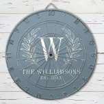 Elegant Monogram Dusty Blue Family Name Dart Board<br><div class="desc">This blue and white dart board is decorated with a laurel leaf monogram and your name and wedding date. A fun addition to your home decor. Makes a great gift for weddings and anniversaries. Personalize it with your Initial,  name and wedding date. Designed for you by Blackberry Boulevard.</div>