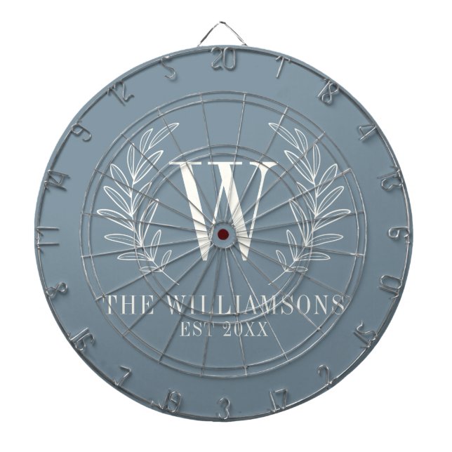 Elegant Monogram Dusty Blue Family Name Dart Board (Front)