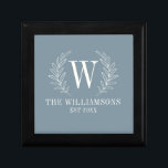 Elegant Monogram Dusty Blue Family Name Gift Box<br><div class="desc">This dusty blue and white gift box is decorated with a laurel leaf monogram and your name and wedding date. Great for wedding and anniversary gifts.  Personalize it with your Initial,  name and wedding date. Comes in a variety of colors. Designed for you by blackberry Boulevard.</div>