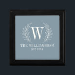Elegant Monogram Dusty Blue Family Name Gift Box<br><div class="desc">This dusty blue and white gift box is decorated with a laurel leaf monogram and your name and wedding date. Great for wedding and anniversary gifts.  Personalize it with your Initial,  name and wedding date. Comes in a variety of colors. Designed for you by blackberry Boulevard.</div>