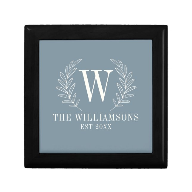 Elegant Monogram Dusty Blue Family Name Gift Box (Front)