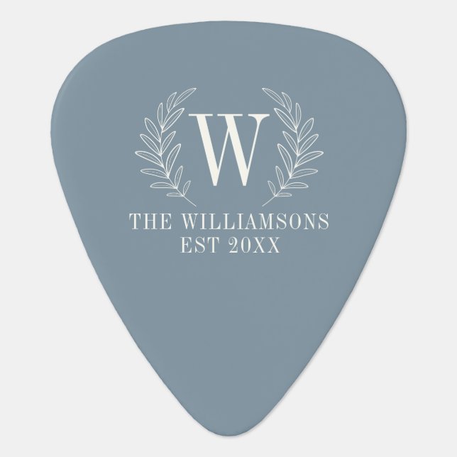 Elegant Monogram Dusty Blue Family Name Guitar Pick (Front)