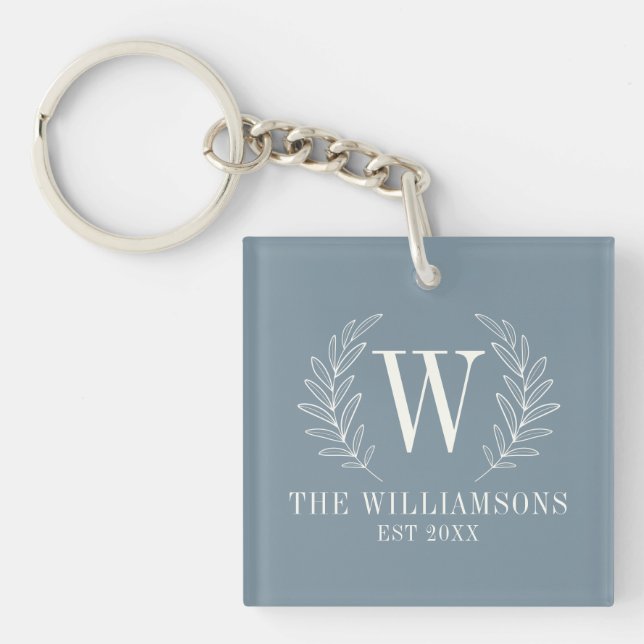 Elegant Monogram Dusty Blue Family Name Keychain (Front)