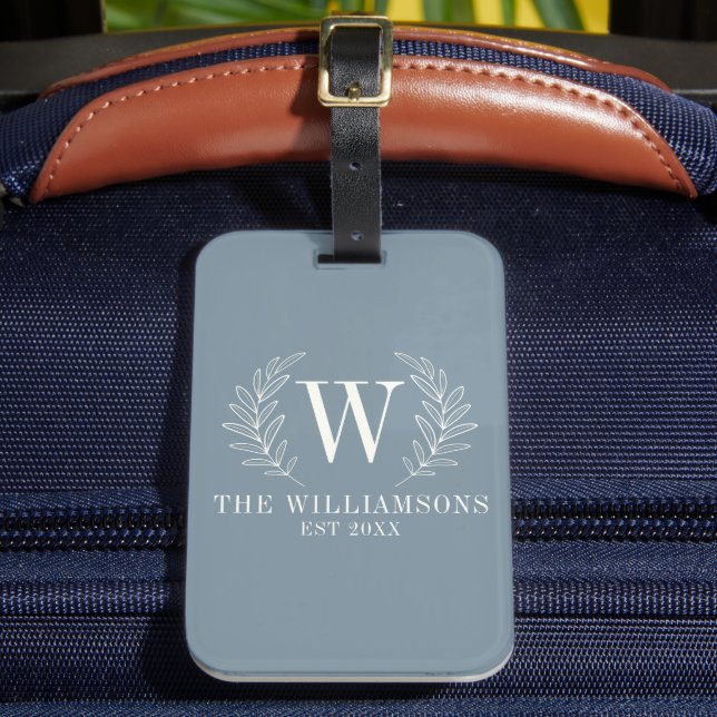 Elegant Monogram Dusty Blue Family Name Luggage Tag (Front Insitu 2)