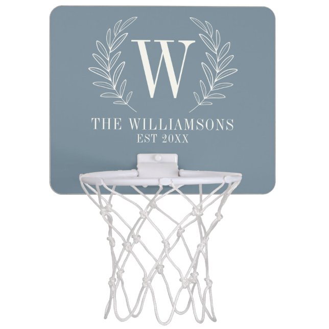 Elegant Monogram Dusty Blue Family Name Mini Basketball Hoop (Front)