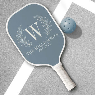 Elegant Monogram Dusty Blue Family Name Pickleball Paddle