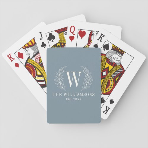 Elegant Monogram Dusty Blue Family Name Poker Cards