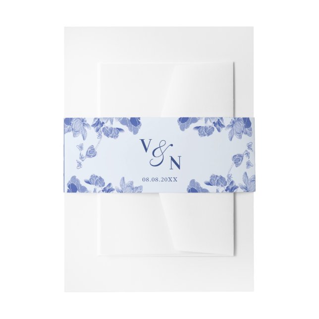 Elegant Monogram Dusty Blue Floral Wedding Invitation Belly Band (Front Example)