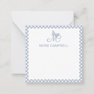 Elegant Monogram Dusty Blue Gingham Personalized Note Card
