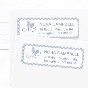 Elegant Monogram Dusty Blue Gingham Return Address Label