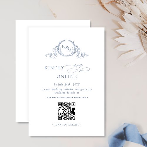 Elegant Monogram Dusty Blue QR Code Wedding RSVP Enclosure Card
