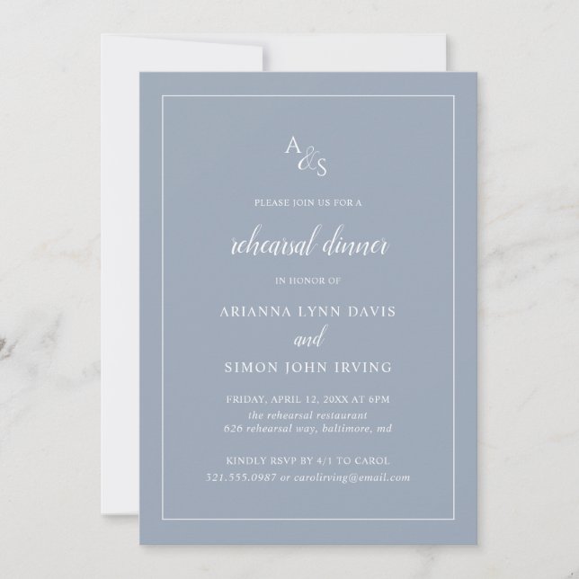 Elegant Monogram Dusty Blue Rehearsal Dinner Invitation (Front)