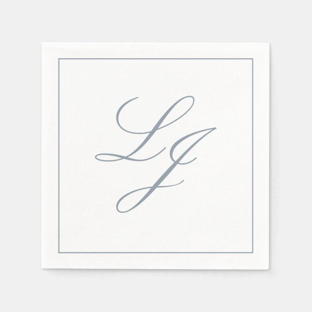 Elegant Monogram Dusty Blue Simple Script Wedding Napkins (Front)