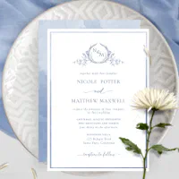 Classic Monogram Dusty Blue Watercolor Wedding Invitation