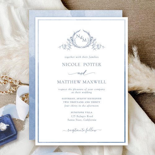 Elegant Monogram Dusty Blue Watercolor Wedding Invitation