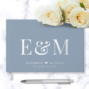 Elegant Monogram Dusty Blue Wedding Foil Guest Book