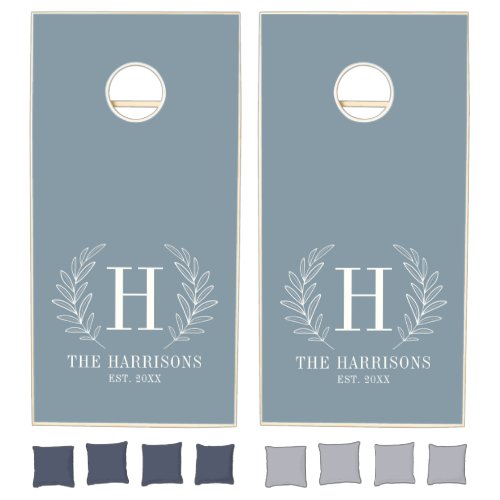 Elegant Monogram Dusty Blue White Family Name Cornhole Set