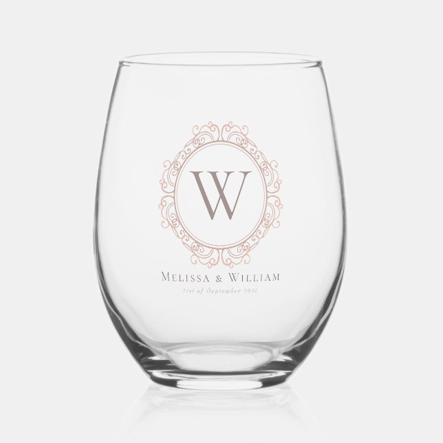 Elegant Monogram Dusty Blush Classic Wedding Stemless Wine Glass (Front)