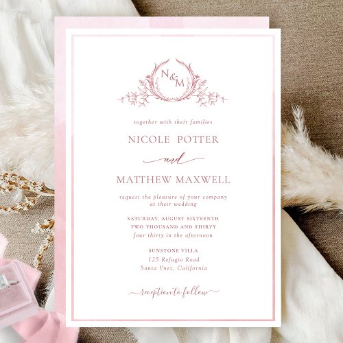 Elegant Monogram Dusty Rose Watercolor Wedding Inv Invitation