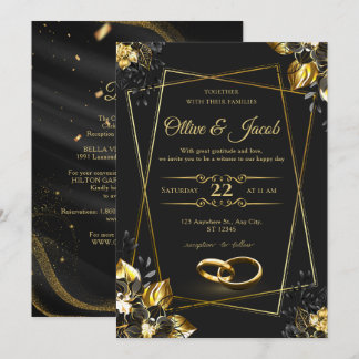 Elegant Monogram Editable Black Tuxedo Gold Wreath Invitation