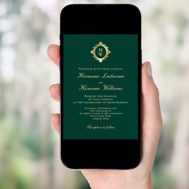 Elegant Monogram Emerald Green Gold Wedding Invitation (Front Digital)