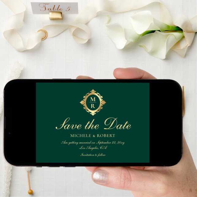 Elegant Monogram Emerald Green Gold Wedding Save The Date (Front Digital)