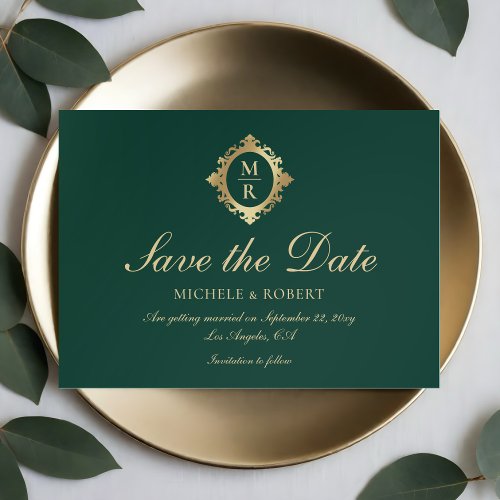 Elegant Monogram Emerald Green Gold Wedding Save The Date