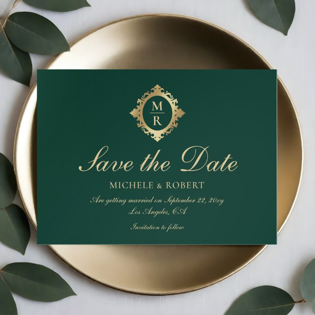 Elegant Monogram Emerald Green Gold Wedding Save The Date (Creator Uploaded)