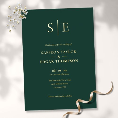 Elegant Monogram Emerald Green Wedding Gold Foil Invitation