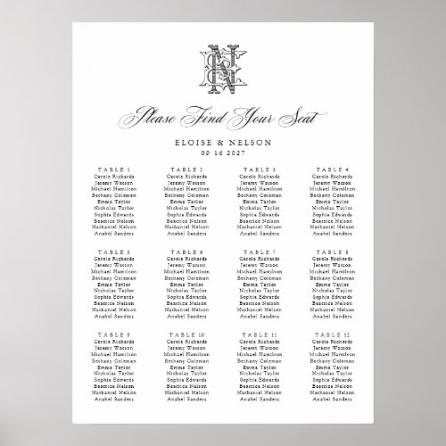 Elegant Monogram EN 12 Table Wedding Seating Chart