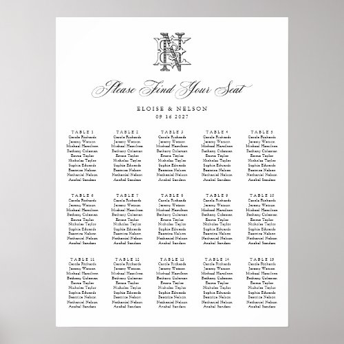 Elegant Monogram EN 15 Table Wedding Seating Chart