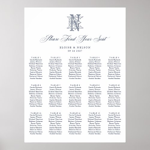 Elegant Monogram EN 15 Table Wedding Seating Chart
